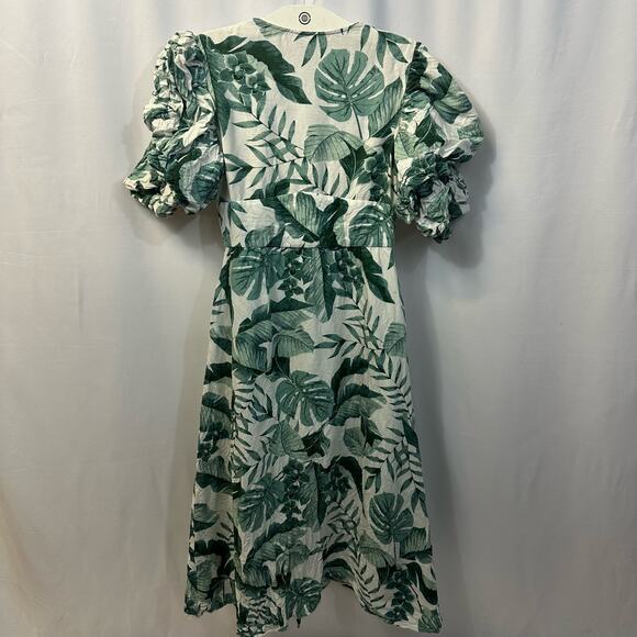 Johanna Ortiz x H&M Green Palm Leaf Midi Dress Puff Sleeve Linen Blend XS - Picture 5 of 8